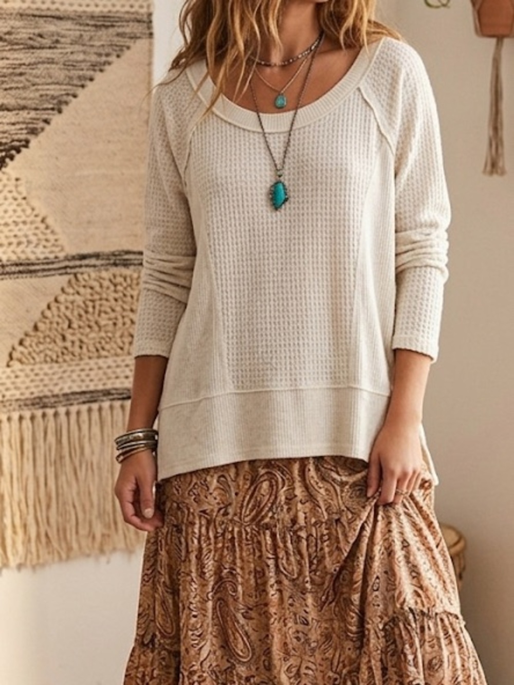 Anthropologie Eri + Ali Cream Waffle Knit Fleece Long Sleeve High-Low Top